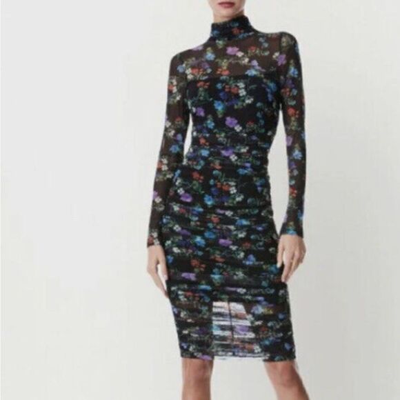 ALICE + OLIVIA DELORA FLORAL RUCHED STRETCH MESH BODY-CON BLACK DRESS sz 4 - Picture 3 of 11